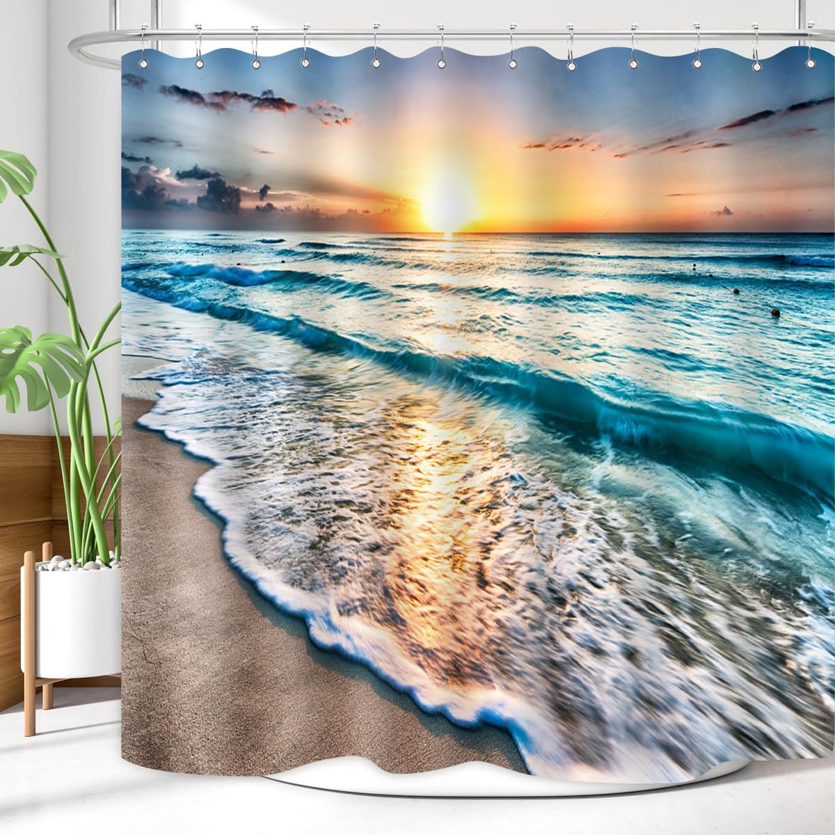 

1pc Ocean Wave Shower Curtain, Polyester Water-resistant Bathroom Decor With Hooks, Machine Washable, Arts Theme, Woven Fabric, No Punching Required, , Window Curtain