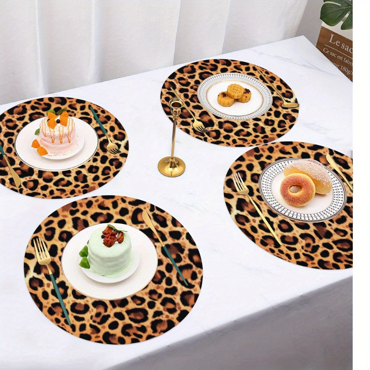 

4pcs Leopard Print Placemats, Round, Non-woven Polyester, Hand Washable, For Dining & Kitchen Table Decor, Home And Restaurant Supplies