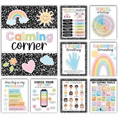9pcs colorful calming corner posters for classroom must haves for teachers corner supplies elementary feelings chart for emotions chart calming corner items