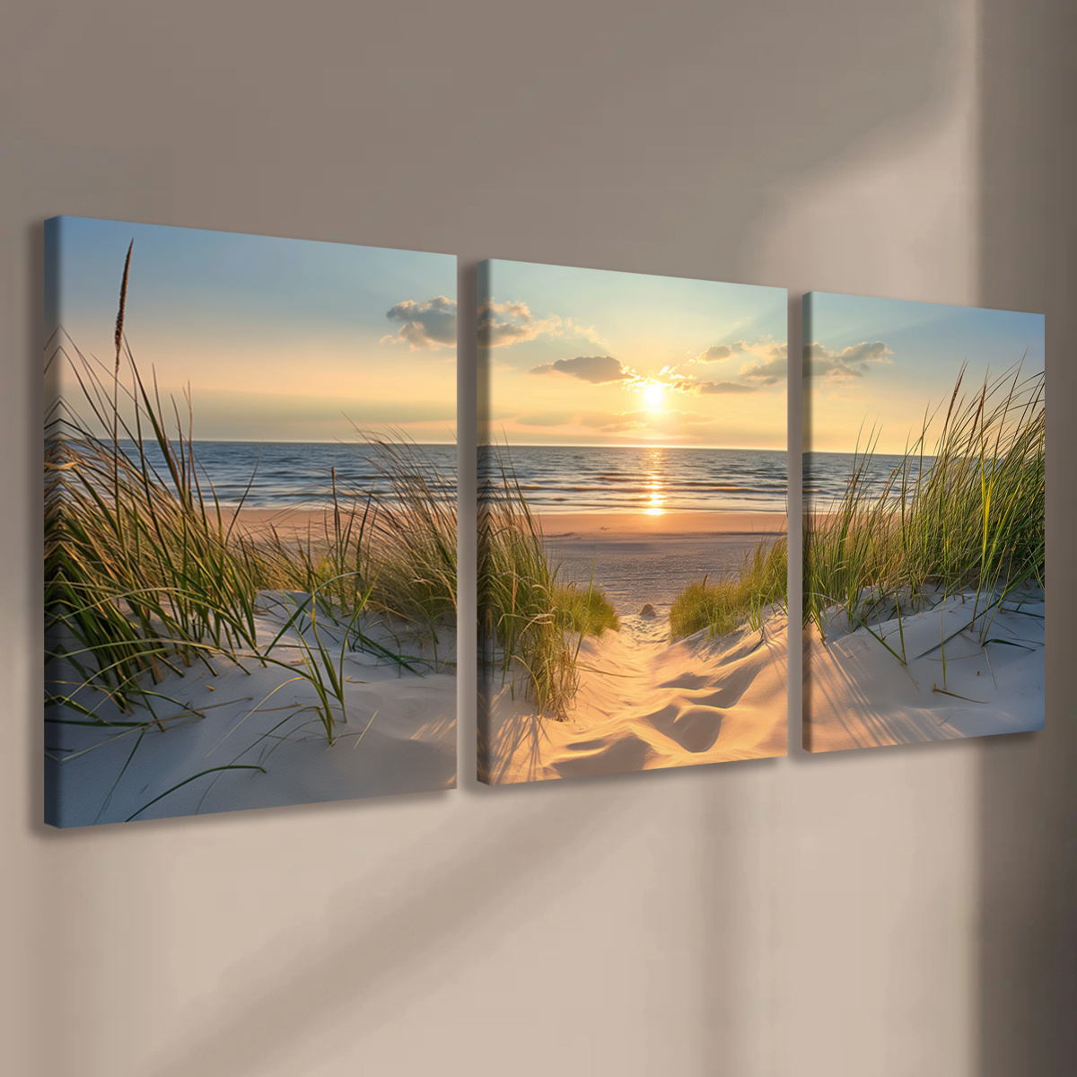 TEMU Print Painting 3pcs Beach Sunset Wall Art Set, Wooden Framed Canvas Prints, Ocean Poster, Coastal Decor, Modern Fantasy Artwork, Home Office