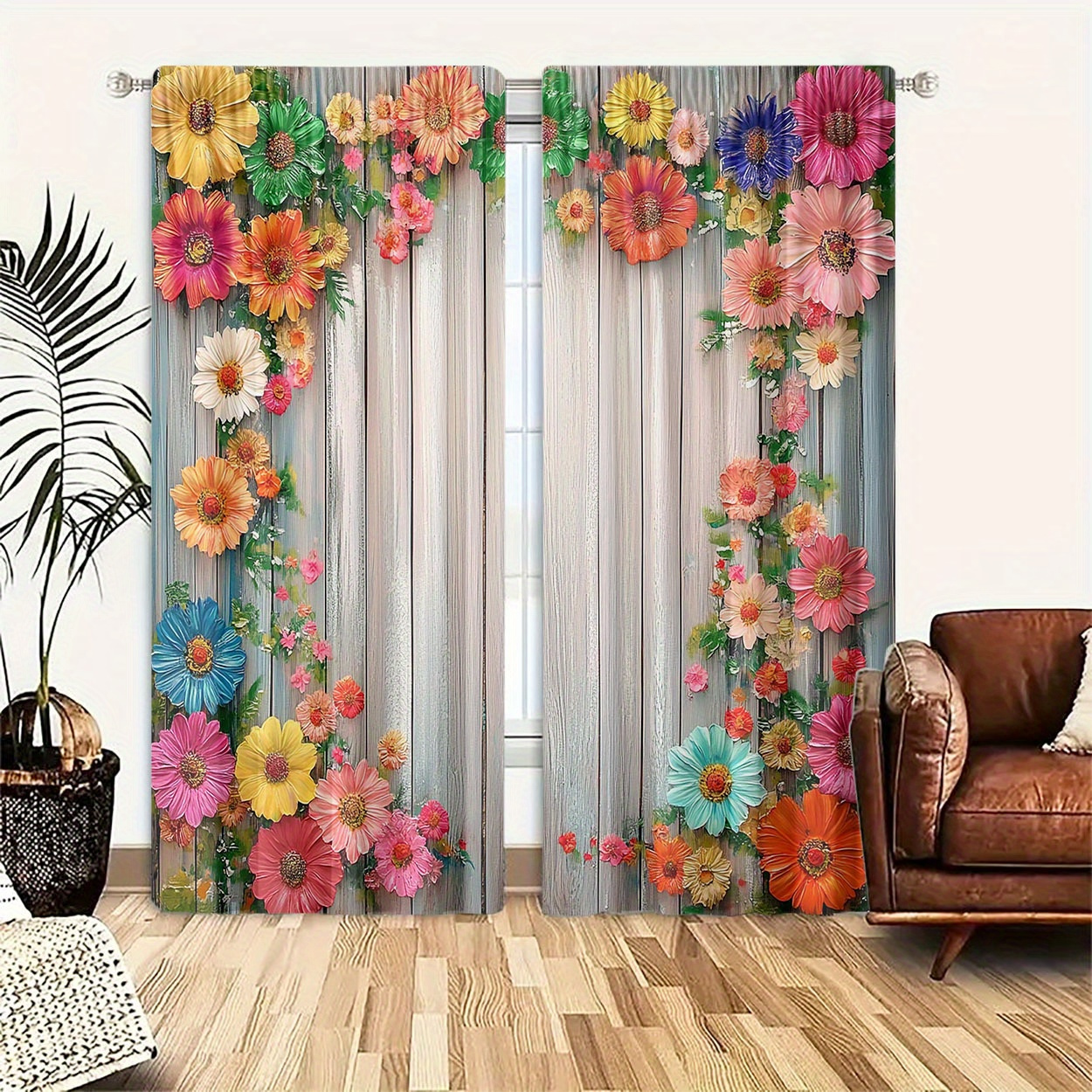 

2pcs, Polyester Material, Hd Digital Retro Floral Pattern Print, Light Filtering Curtain, Suitable For Bedroom, Living Room, Office And Home Decoration, Pole , Suitable For Pole Installation