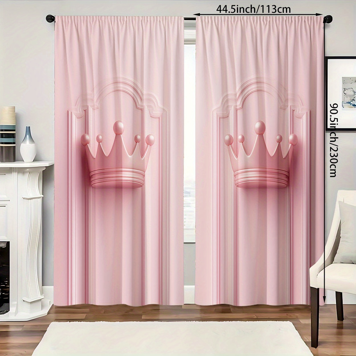 TEMU 2pcs Pink Crown Print Light Filtering Curtains - Rod For Easy Hanging, Perfect For Bedroom, Living Room, Office Decor