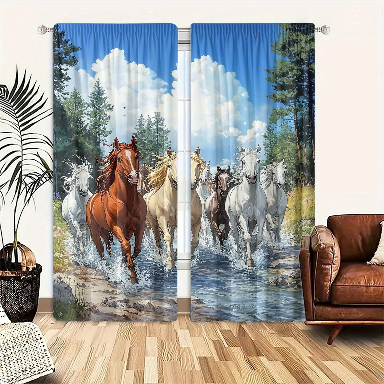 

2pcs Set: High- Horse Print Curtains - Light Filtering, Rod For Bedroom, Living Room, Office Decor - Polyester, Machine Washable