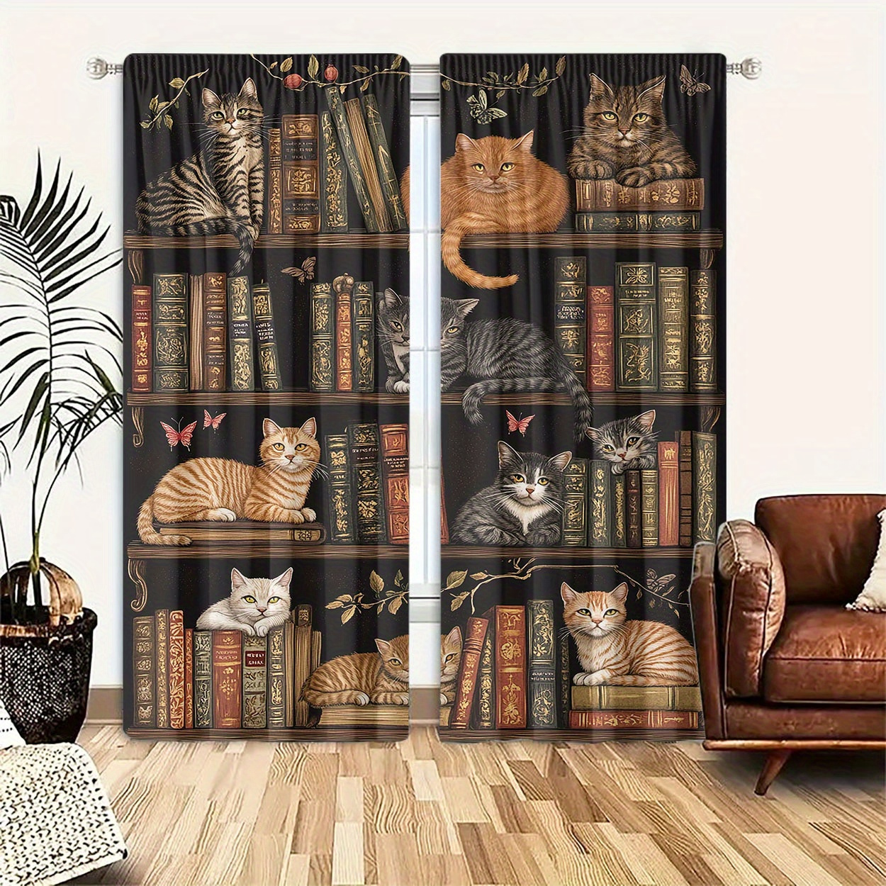 

2- Cat And Curtains, Polyester Rod Drapes For , , - -, Decorative , -,