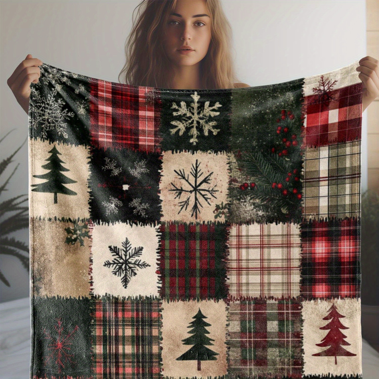 

Christmas Flannel Blanket - Knitted Blanket , , And Red Berries - For Sofa, Bed, Car, , , -