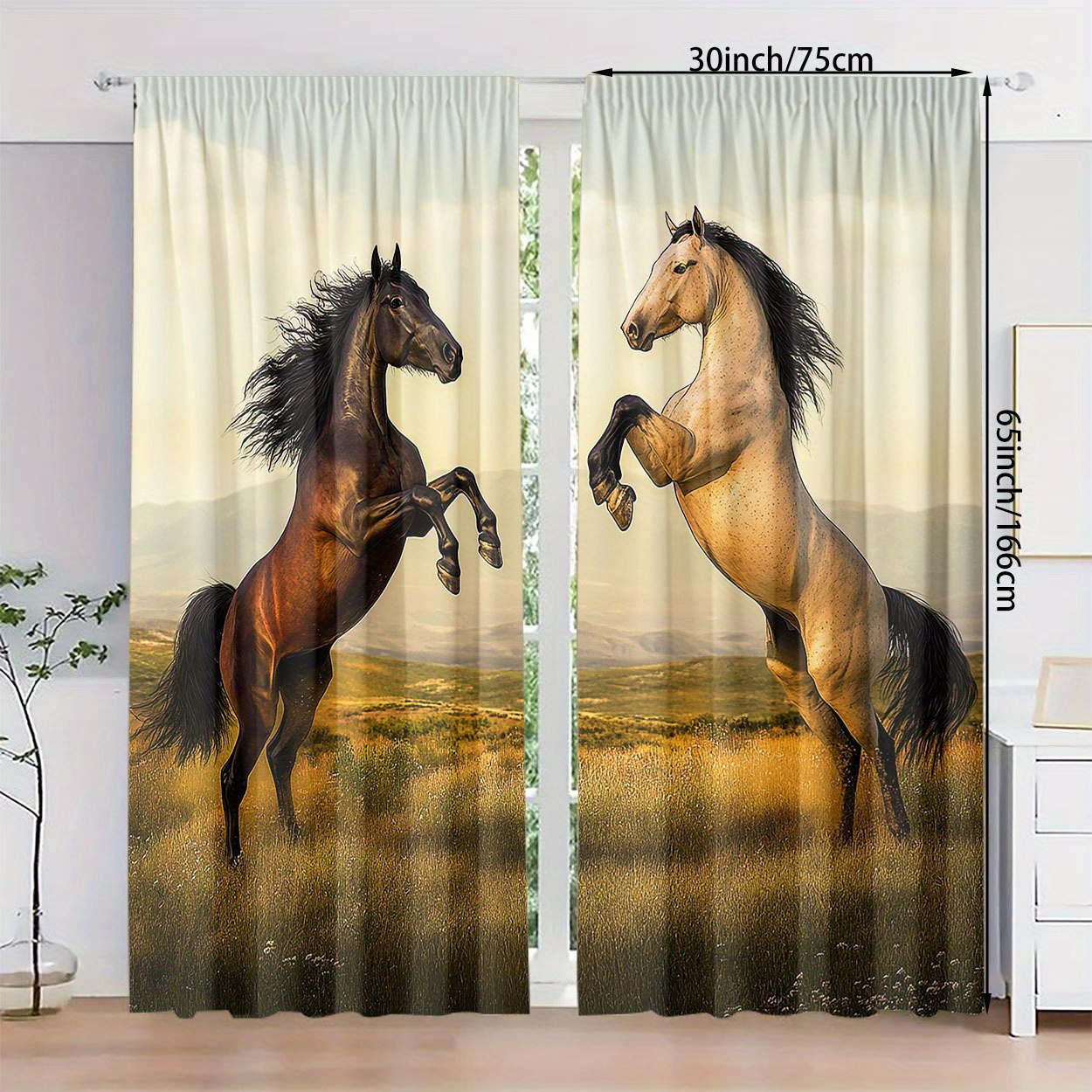 TEMU 2pcs, Polyester Material, Hd Digital Printed Horse Pattern, Light Filtering Curtain, Suitable For Bedroom, Living Room, Office And Home