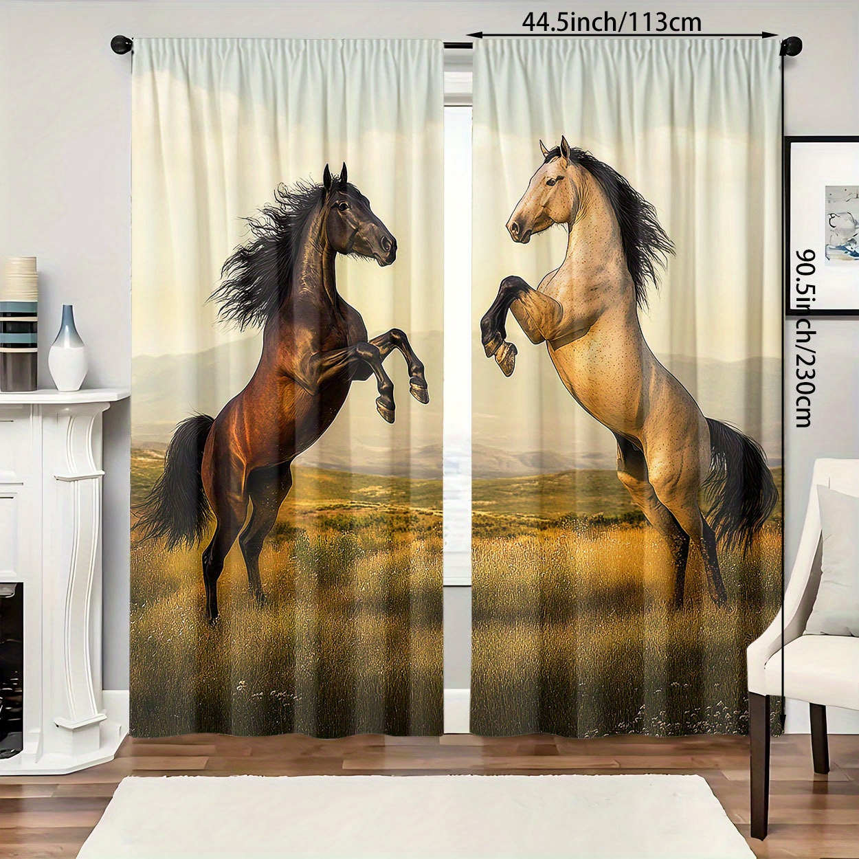 TEMU 2pcs, Polyester Material, Hd Digital Printed Horse Pattern, Light Filtering Curtain, Suitable For Bedroom, Living Room, Office And Home