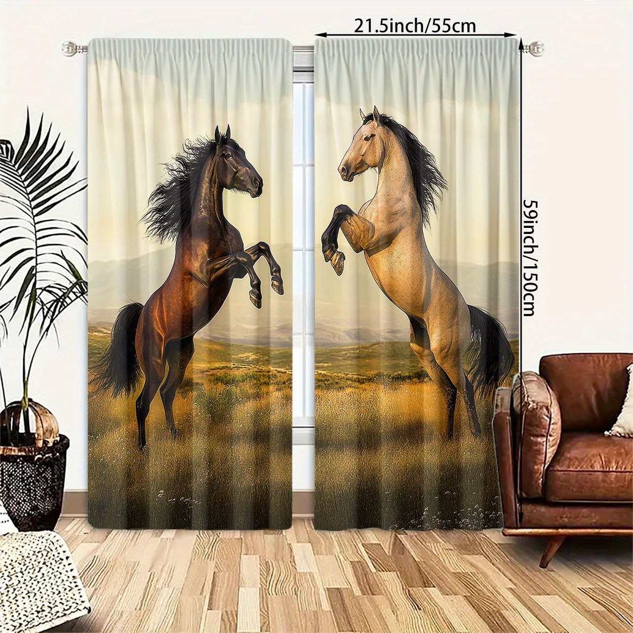 TEMU 2pcs, Polyester Material, Hd Digital Printed Horse Pattern, Light Filtering Curtain, Suitable For Bedroom, Living Room, Office And Home