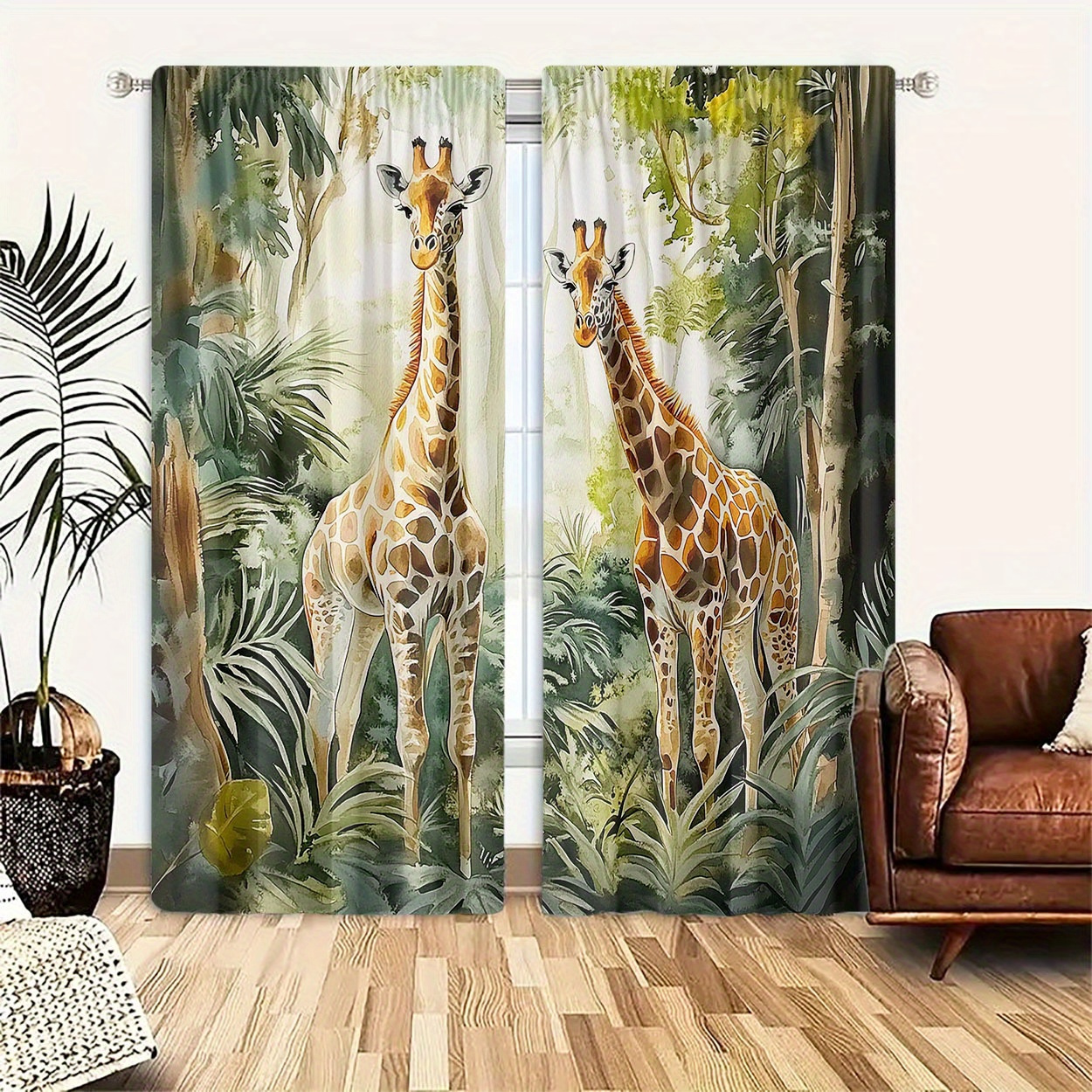 

2pcs, Polyester Material, Hd Digital Printing Giraffe Pattern Print, Light Filtering Curtain, Suitable For Bedroom, Living Room, Office And Home Decoration, Pole , Suitable For Pole