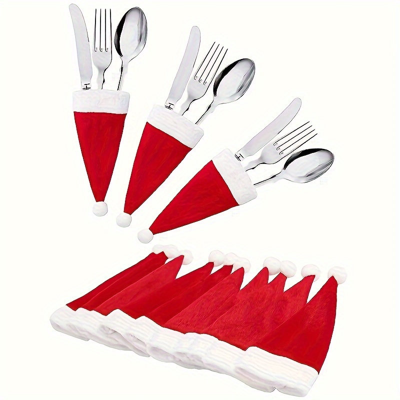 

12pcs Christmas Cutlery Set With Hat Pouches - Holiday Parties & Dinner Decorations