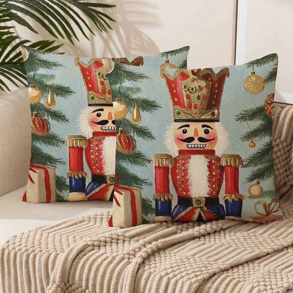 

2pcs Christmas Nutcracker Pillow Covers, Short Plush Throw Cushion Cases, Polyester, Contemporary Style, Mixed Colors, Zipper Closure, Machine Washable, For Sofa, Living Room, Outdoor Decor