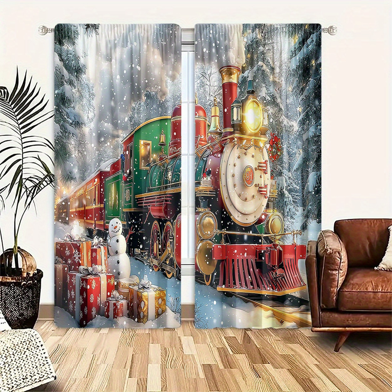 

2pcs Christmas Train Print Curtains - Light Filtering, Rod For Bedroom, Living Room, Office Decor - Polyester, Machine Washable, Best For Christmas