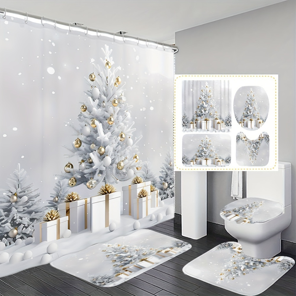 

1/4pcs Christmas Decoration Christmas Tree Shower Curtain Set, Shower Curtain 12 , Bathroom Rug, U-shaped Mat, Lid Mat, Bathroom Decoration, Bathroom Shower Curtain Set, Bathroom Accessories ( )