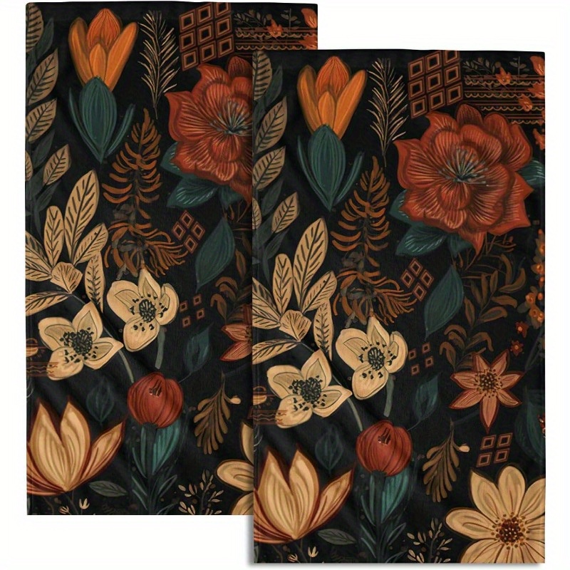 

2pcs Bohemian Floral Hand Towels - 18x26 Inch, Absorbent & Soft Dish Cloths For Kitchen, Bathroom, Gym - Modern Black Medieval Design, Machine Washable