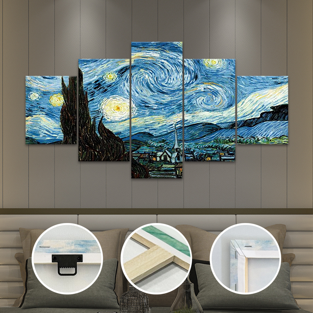 TEMU 5-Pezzi Quadri Retro con Cornice in Legno - "Starry Night" di Van Gogh, Poster per Decorazione Casa, da Parete per Soggiorno, Camera da Letto,