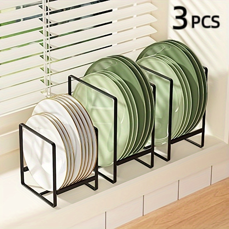 

3pcs Modern Metal Dish Rack Set, Space-saving Kitchen Cabinet Organizer For Plates, Pots, And Pans, Large And Small Stackable Storage Holders