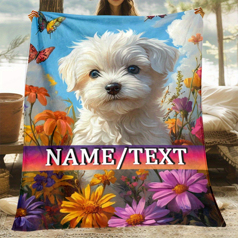 

1pc Customizable Polyester Dog Print Fleece Blanket - Personalized Name Lightweight Warm Flannel Throw For Sofa, Bed, Travel - Unique Gift For Dog Lovers, Family, Friends