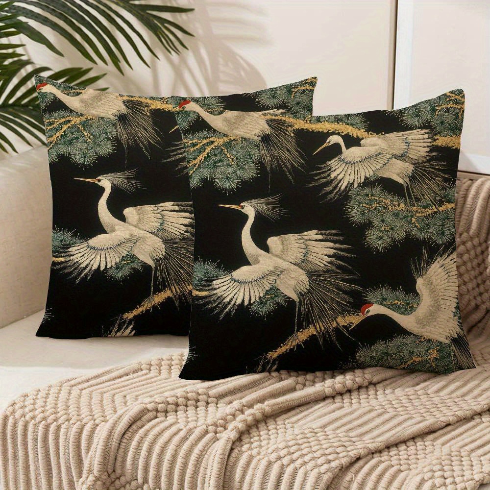 

2pcs Crane & Pine Throw Pillow Covers - Soft Plush, Zippered Cases For Sofa And Outdoor Decor, Machine Washable