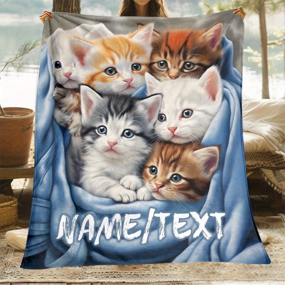 

1pc Personalized Kitten Design Cozy Flannel Throw Blanket – Customizable Text, Soft Polyester, No Feathers, Electric-free, Ideal For Sofa, Travel, Office – Warm, Machine Washable Fleece Blanket