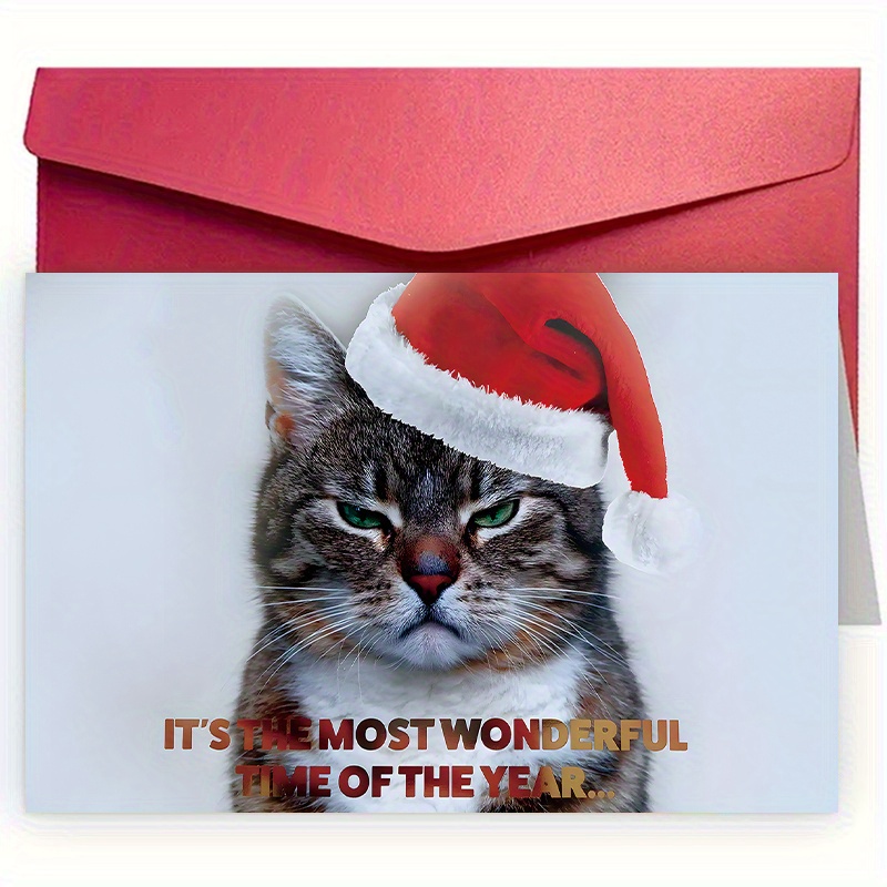 

1pc, Cute Christmas Card With Envelope (12cm * 18cm) For Best Friend, Boyfriend, Girlfriend, Family, And Colleagues. Suitable For Christmas And Employee Appreciation. Christmas Hat, Kitten