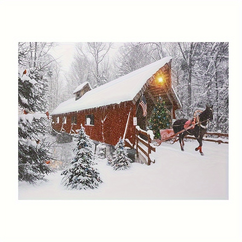 

1pc Winter Wonderland Kit - Red & Horse Scene, Fiber Canvas Print, Farmhouse For Decor