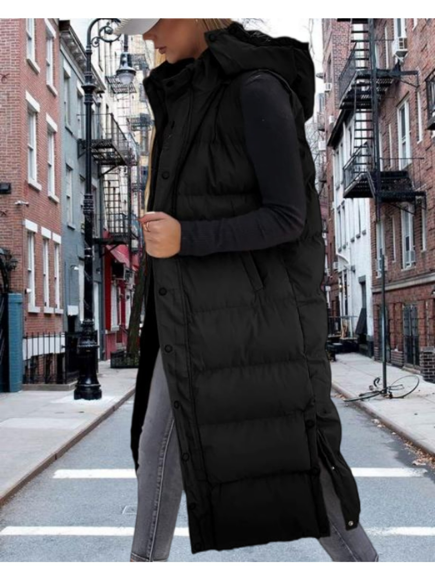 womens long quilted hooded vest button sleeveless puffer Temu