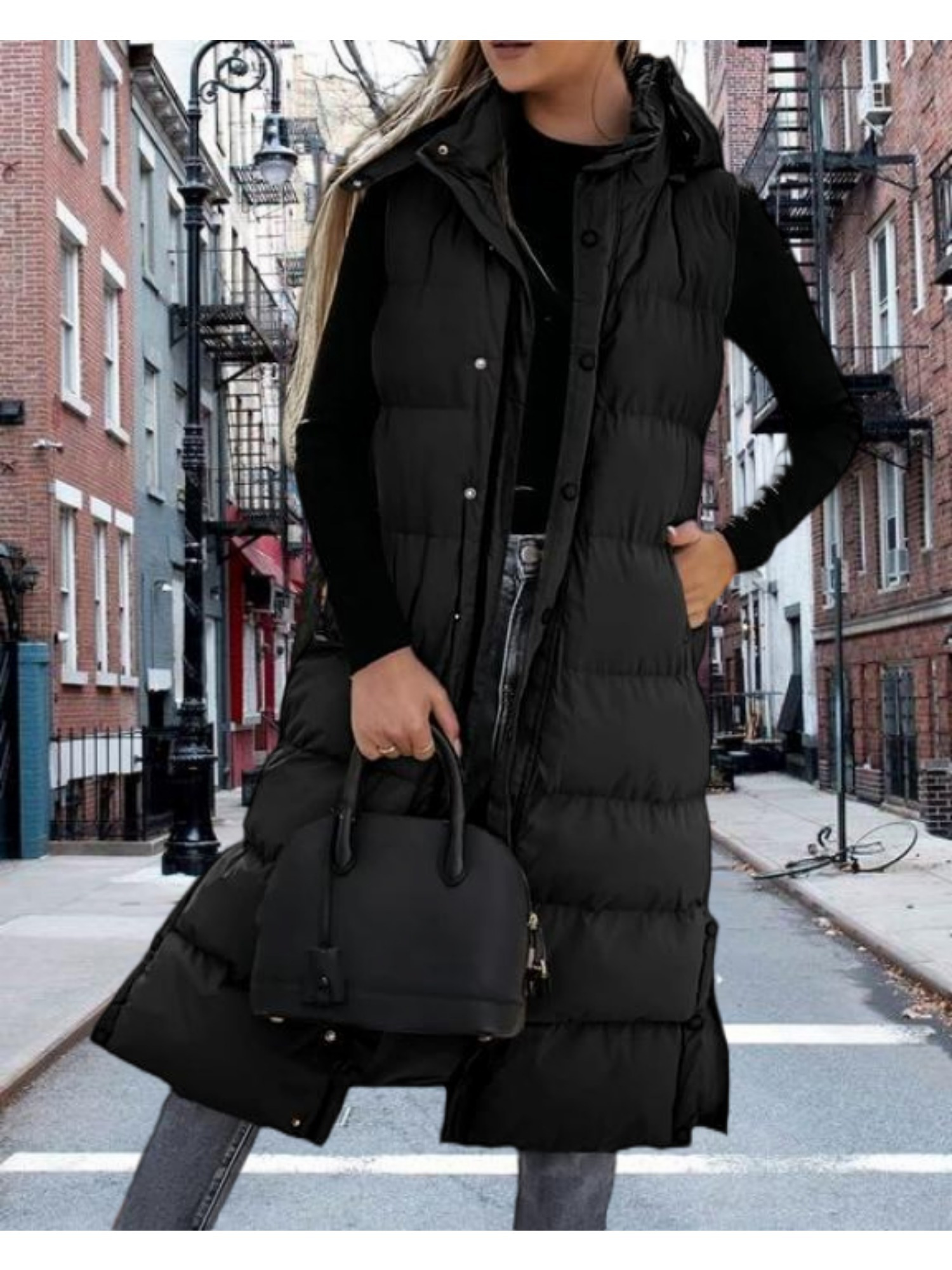 Women's Long Quilted Hooded Vest Button- Sleeveless Puffer Jacket with  Pockets, Olive Green, Machine Washable, Polyester, Winter Casual Wear for  Urb