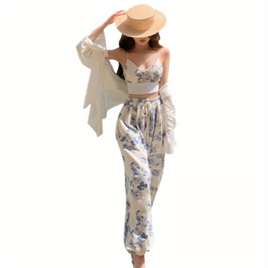 

Women Casual 2pcs Temperament Pants Outfits Floral Print V-neck Spaghetti Strap Camisole + Drawstring Waist Long Pants Set