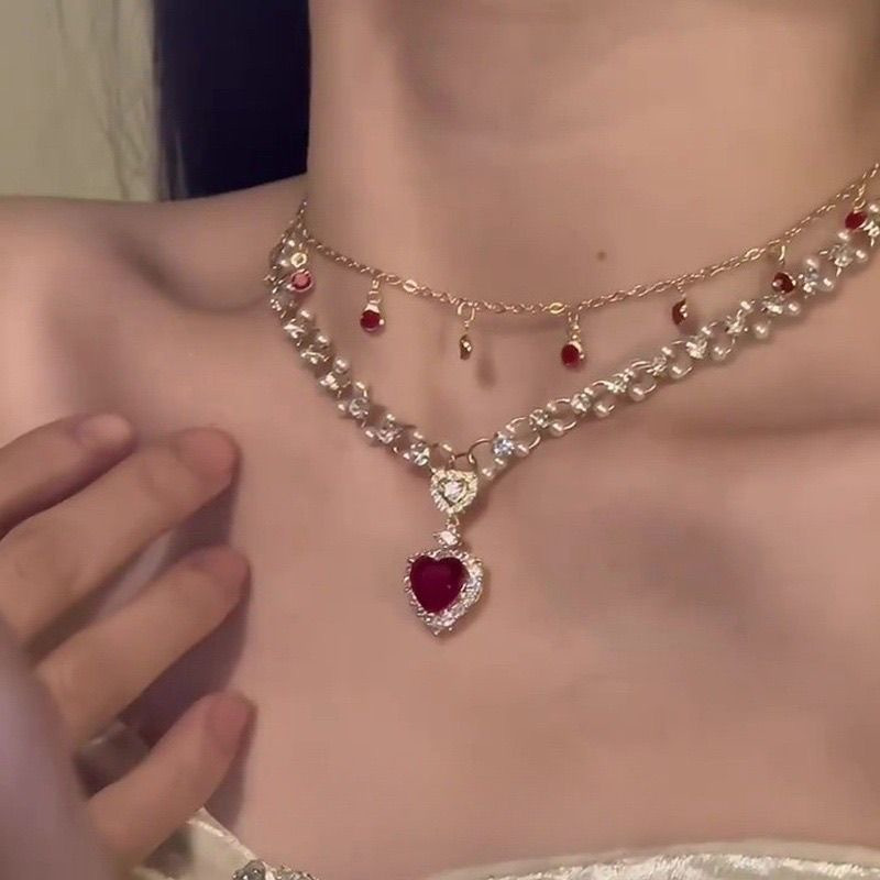 

Elegant Double-layered Red Heart & Pearl Necklace With Sparkling Cubic Zirconia - Princess-inspired, Golden-tone Clavicle Chain For & Special Gifts