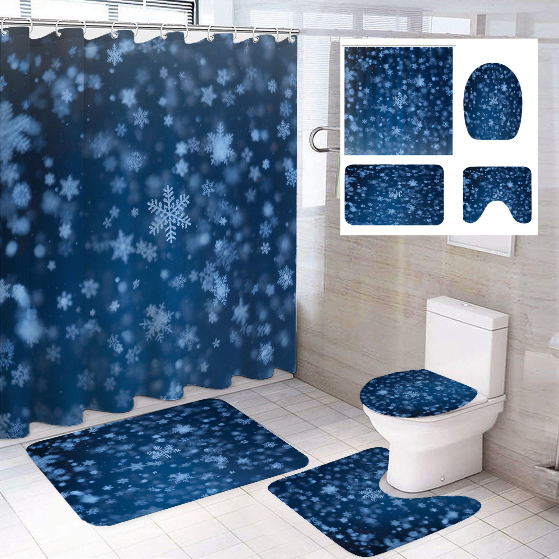 

1/4pcs Printed Shower Curtain, Christmas Decoration And Decoration, Polyester Bathroom Set 12 , Bathroom Mat, Mat And U-shaped Mat Decoration 71*71in