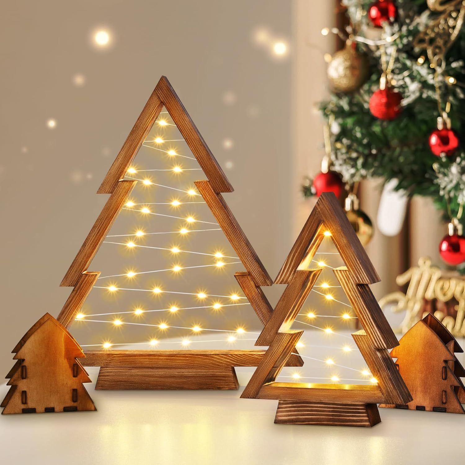 TEMU 2pcs Wooden Christmas Tree With Lights, Table Top Christmas Tree, Lighted Mini Wood Christmas Tree Decorations, Christmas Tree, Indoor Christmas
