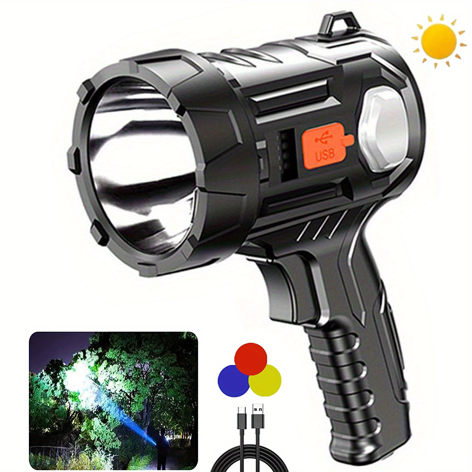 

1pc Rechargeable Led Spotlight Flashlight, 6 , 3 Color Filters, Solar-powered Lithium Battery, Usb Cable, Non-waterproof, For Outdoor, Boating, Hunting, Camping, Home Lighting