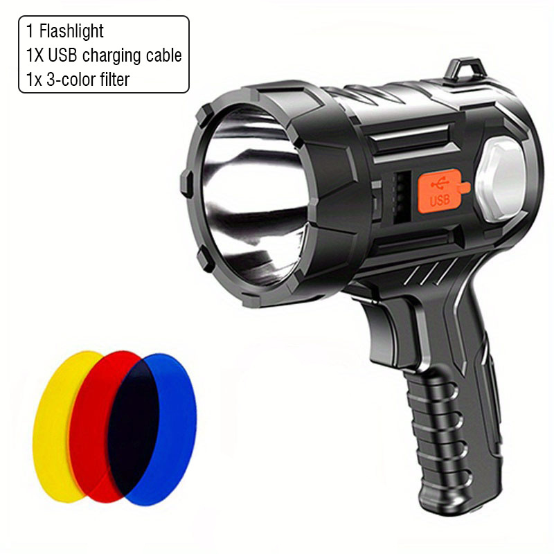 TEMU 1pc Rechargeable Spotlight Flashlight, Bright Searchlight With 6 And 3 Colors Filter, Led Spot Lights Outdoor Handheld Torch Included Usb Cable,