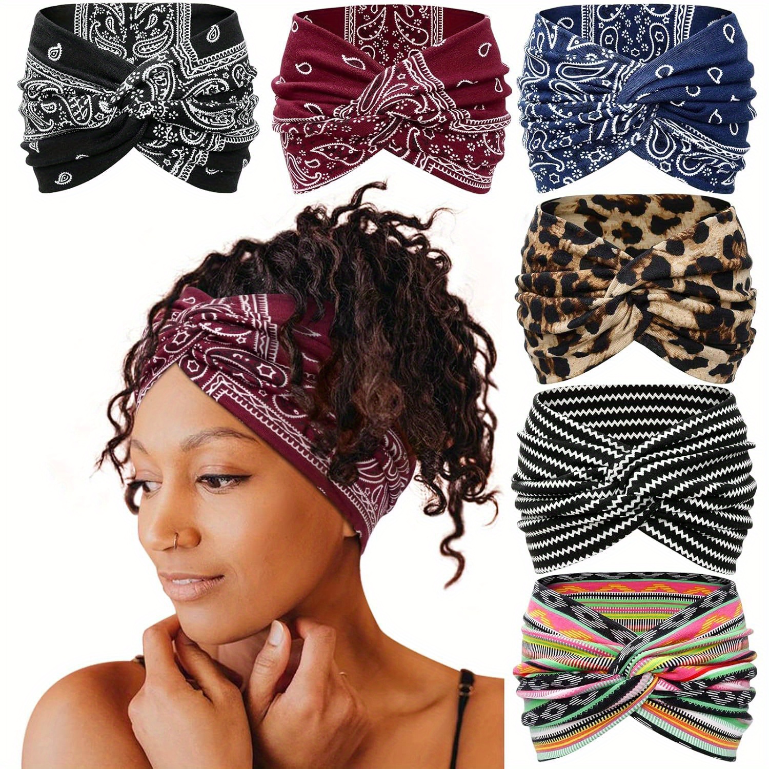 

6-pack Chic Turban Headbands For Women, 7'' Stretchy Woven Elastane Hairbands, Twisted Large Hair Accessories For Normal , No Battery Required