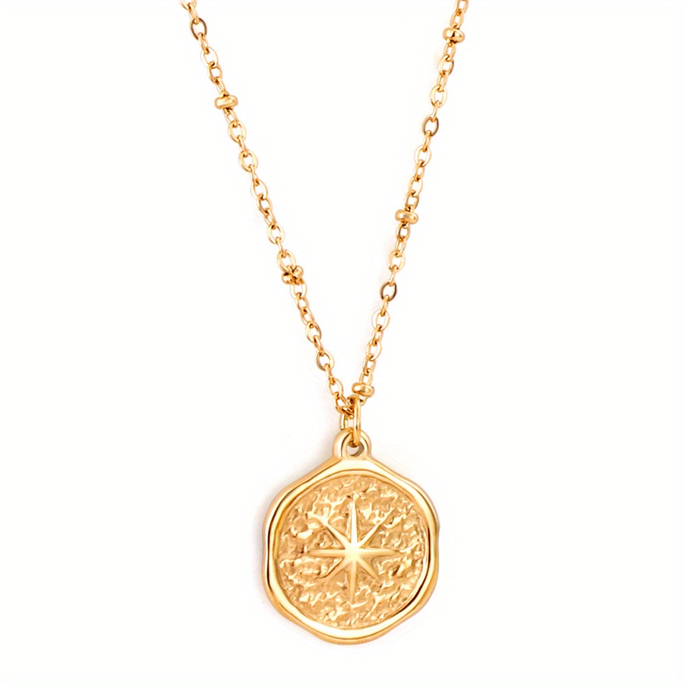 Image of A Round Star Pendant Necklace, Stainless Steel Necklace, Perfect Gift For Everyday Wear Or Gift