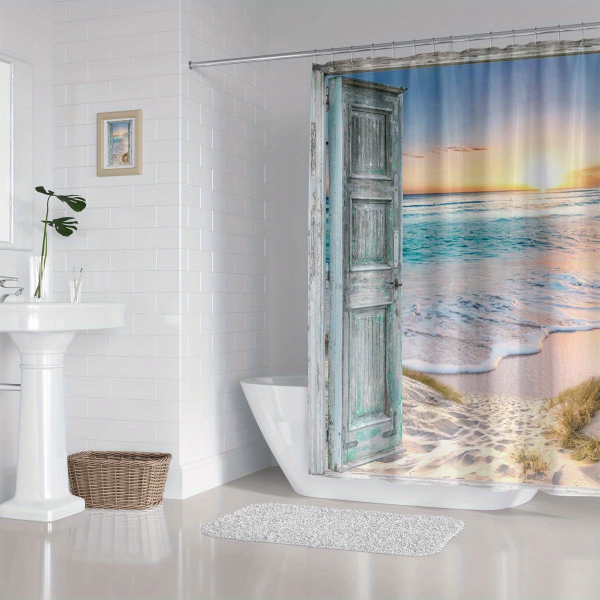 

1pc Waterproof Beach Door Print Shower Curtain - Polyester, Easy-hang Design With Hooks Included