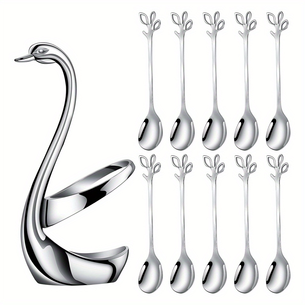 TEMU 10pcs Silvery Stainless Steel Teaspoons And Coffee Spoons Set Multifunctional With Stand Swan Base Cutlery Holder Ideal For Birthdays Holidays