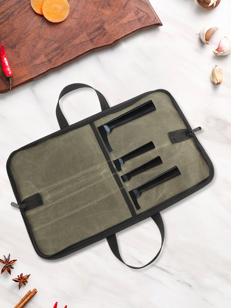 1pc   chefs knife roll bag fashionable water resistant waxed canvas polyester fiber portable kitchen utensil storage case with handle for culinary tools details 0