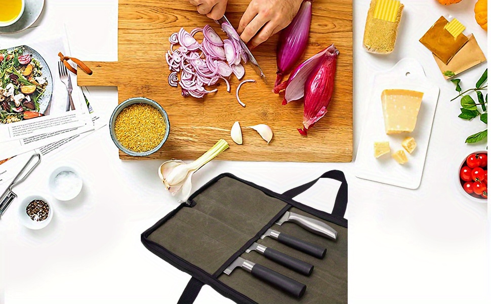 1pc   chefs knife roll bag fashionable water resistant waxed canvas polyester fiber portable kitchen utensil storage case with handle for culinary tools details 4