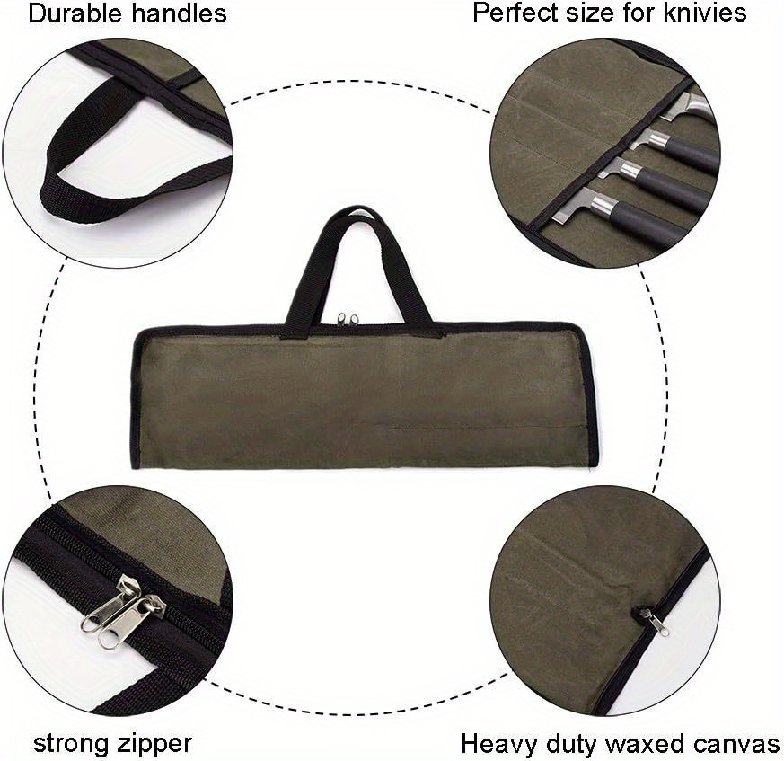 1pc   chefs knife roll bag fashionable water resistant waxed canvas polyester fiber portable kitchen utensil storage case with handle for culinary tools details 11