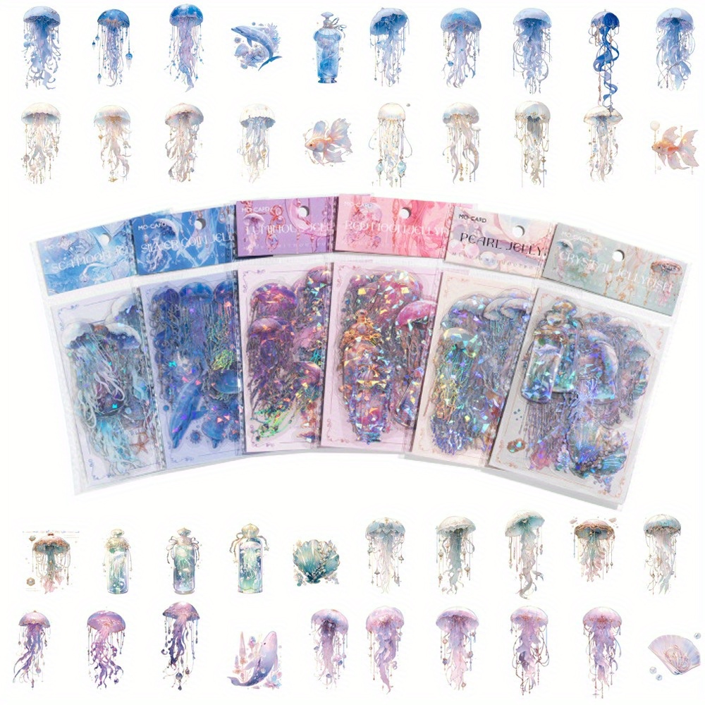 

120pcs Holographic Jellyfish Stickers, Resin Self-adhesive Glitter Decals For Scrapbooking, Laptops, Notebooks, Phone Cases - Space Theme Cartoon Patterns, Shimmery , Irregular Shapes