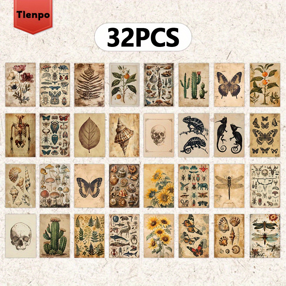Image of 32pcs, Floral Plants, Taxidermy Animals, Postcards, Vintage Collection, Wall Stickers, Bedroom Decorations, Butterflies, Insects, Souvenir Postcards, Gifts For , 4x5.7 Inches