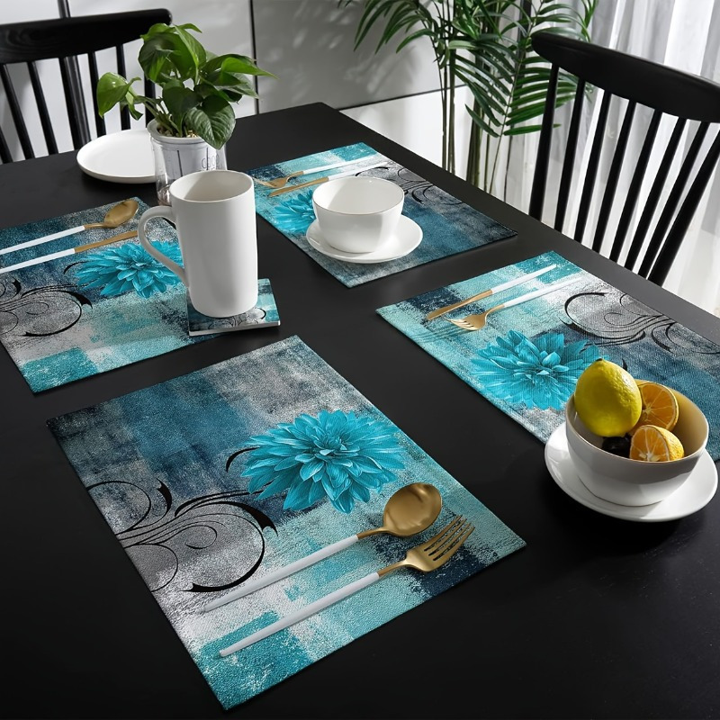 

4-piece Aqua Dahlia Pinnata Floral Placemats Set, Abstract Table Mats, Washable Dining Decor, Fade-resistant Polyester Square Table Mats For Kitchen, Party, Wedding