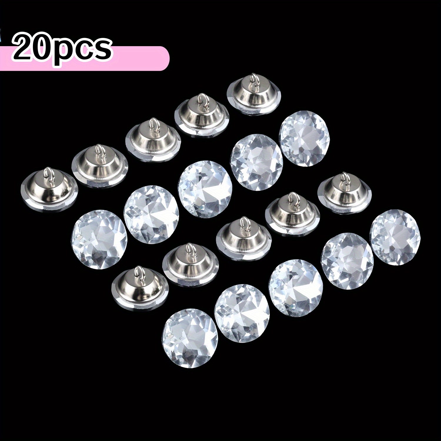 TEMU 20pcs Gemstone Buttons - Versatile Sewing & Craft Supplies For Sofas, Headboards, And Garments - Clear Glass With Metal Accents