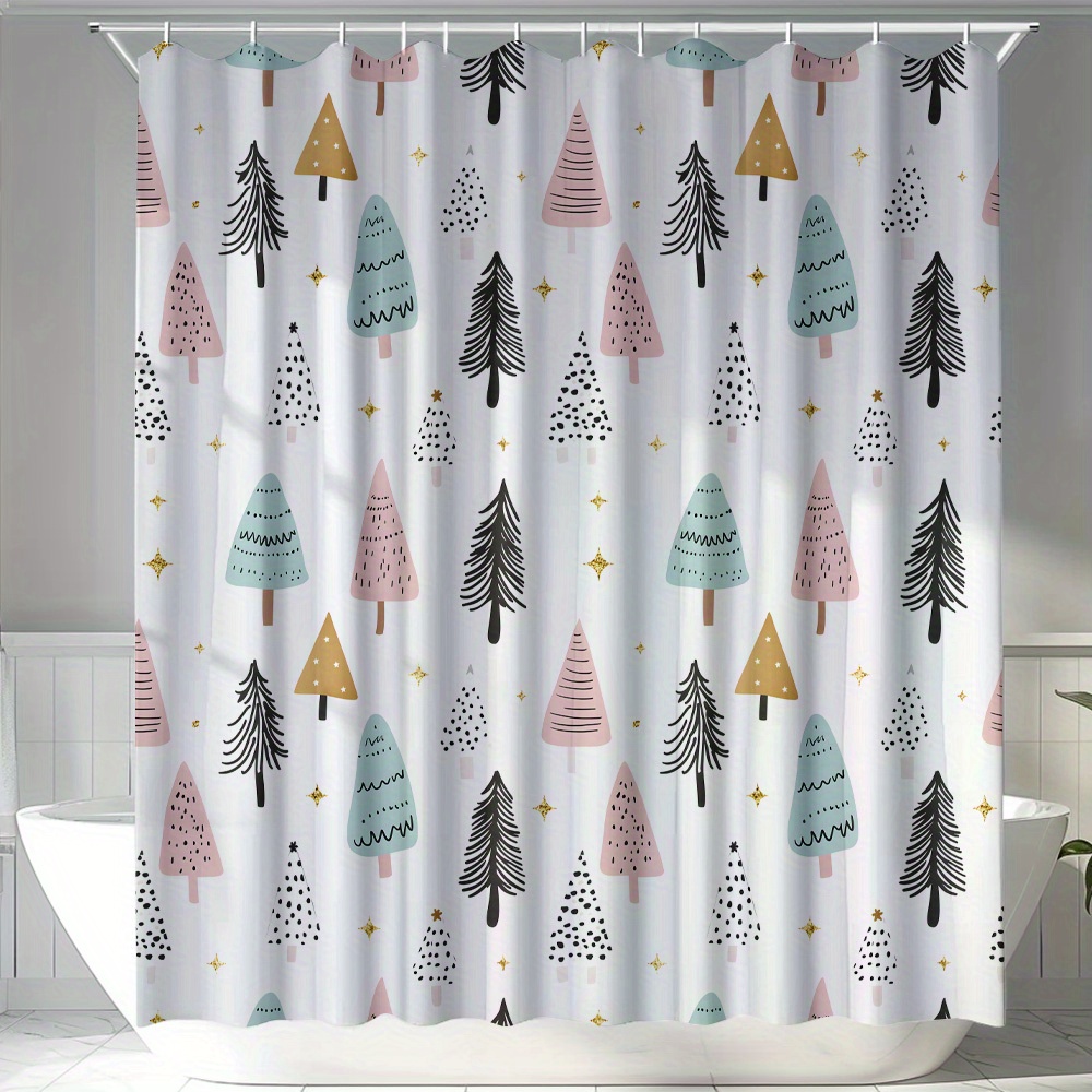 

Christmas Tree Print Shower Curtain - Waterproof, Machine Washable With Hooks Included - Stylish Bathroom Decor By Home, Shower Curtains, Bath Decor