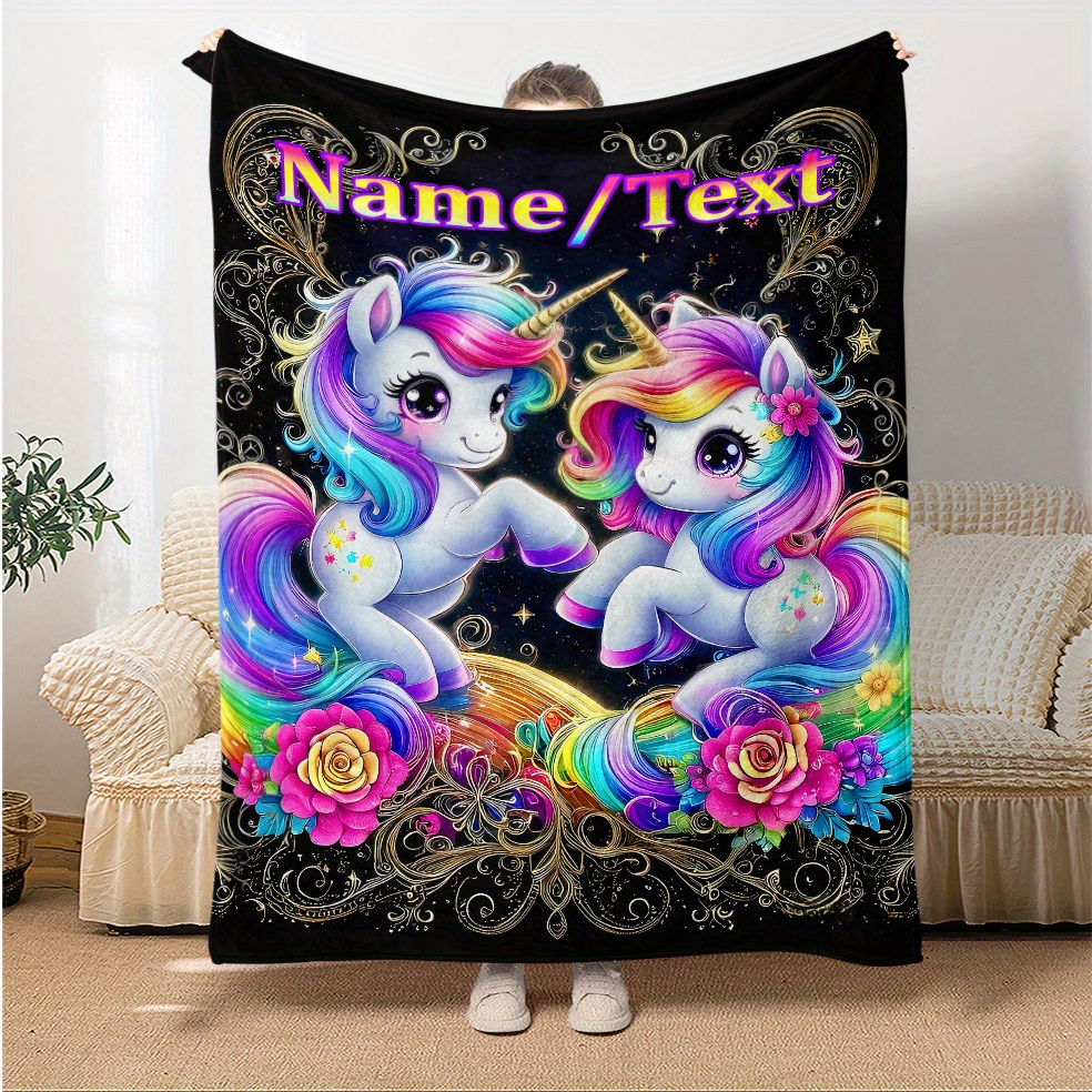 

Custom Name Unicorn Blanket - Flannel Throw Featuring 2 Unicorns With Rainbow Mane, Starry Background & Floral Accents - Lightweight, For Sofa, Bed, Office, Travel - Perfect Gift For