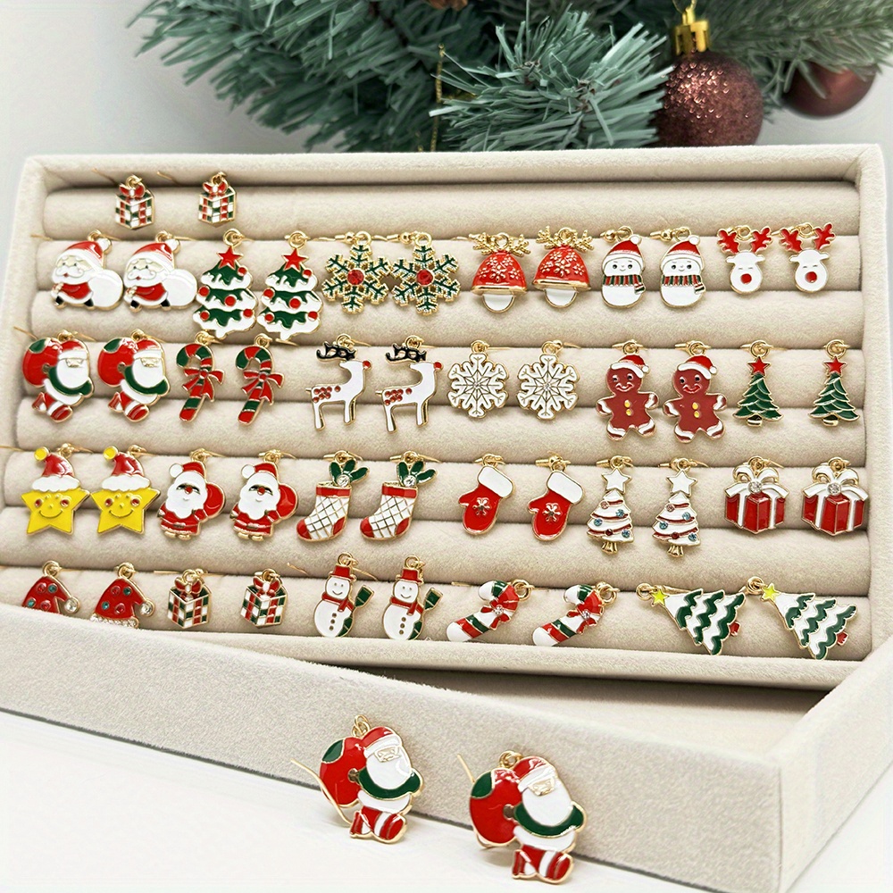 Image of 50pcs Fashion Christmas Earring Set With Cartoon Drip Oil Christmas Trees, Santa Claus, Stars, And Bells - A Perfect Christmas Gift For Women