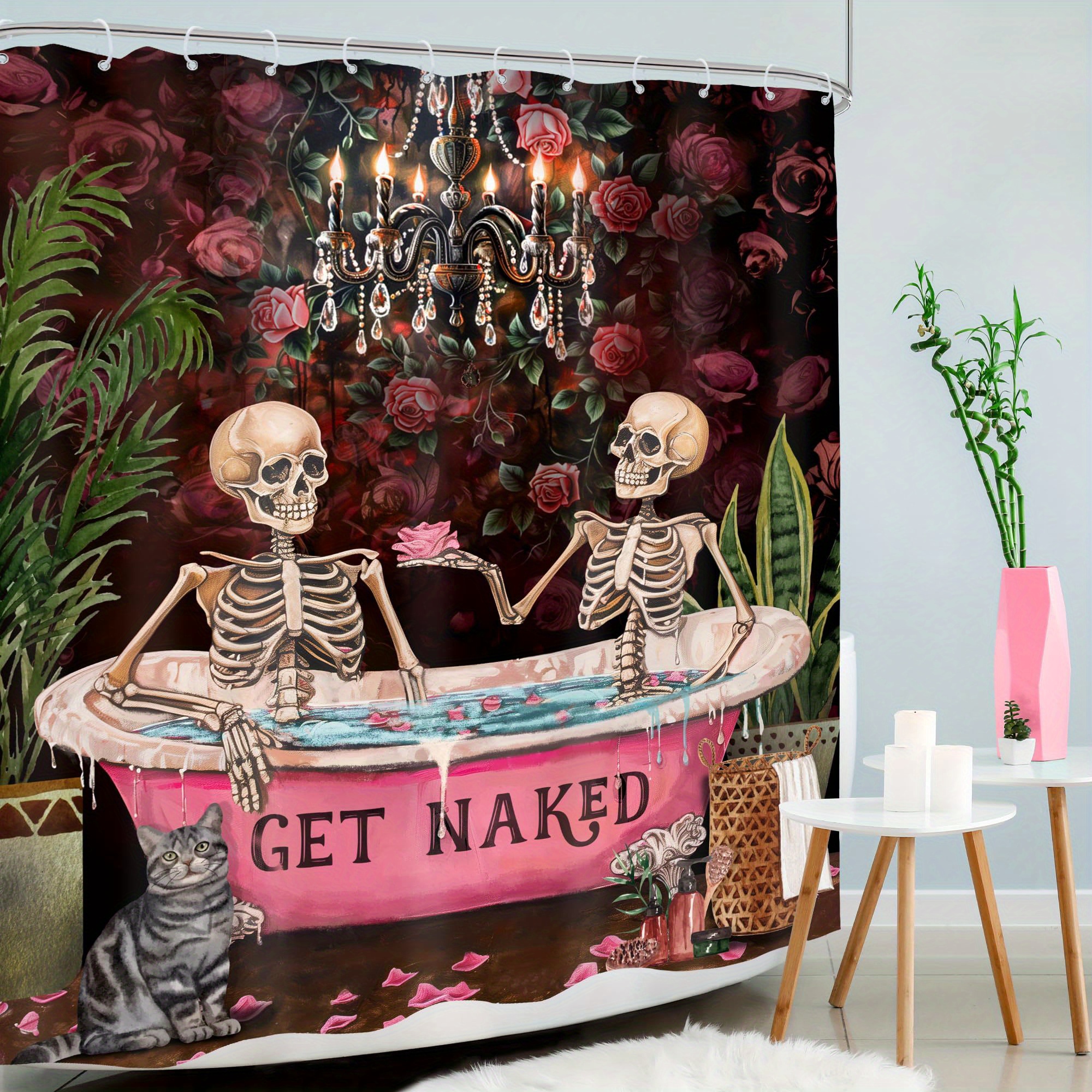 

1pc Double Person Skeleton Bathroom Curtain Digital Printing Polyester Waterproof Shower Curtain No Punching Bathroom Curtain