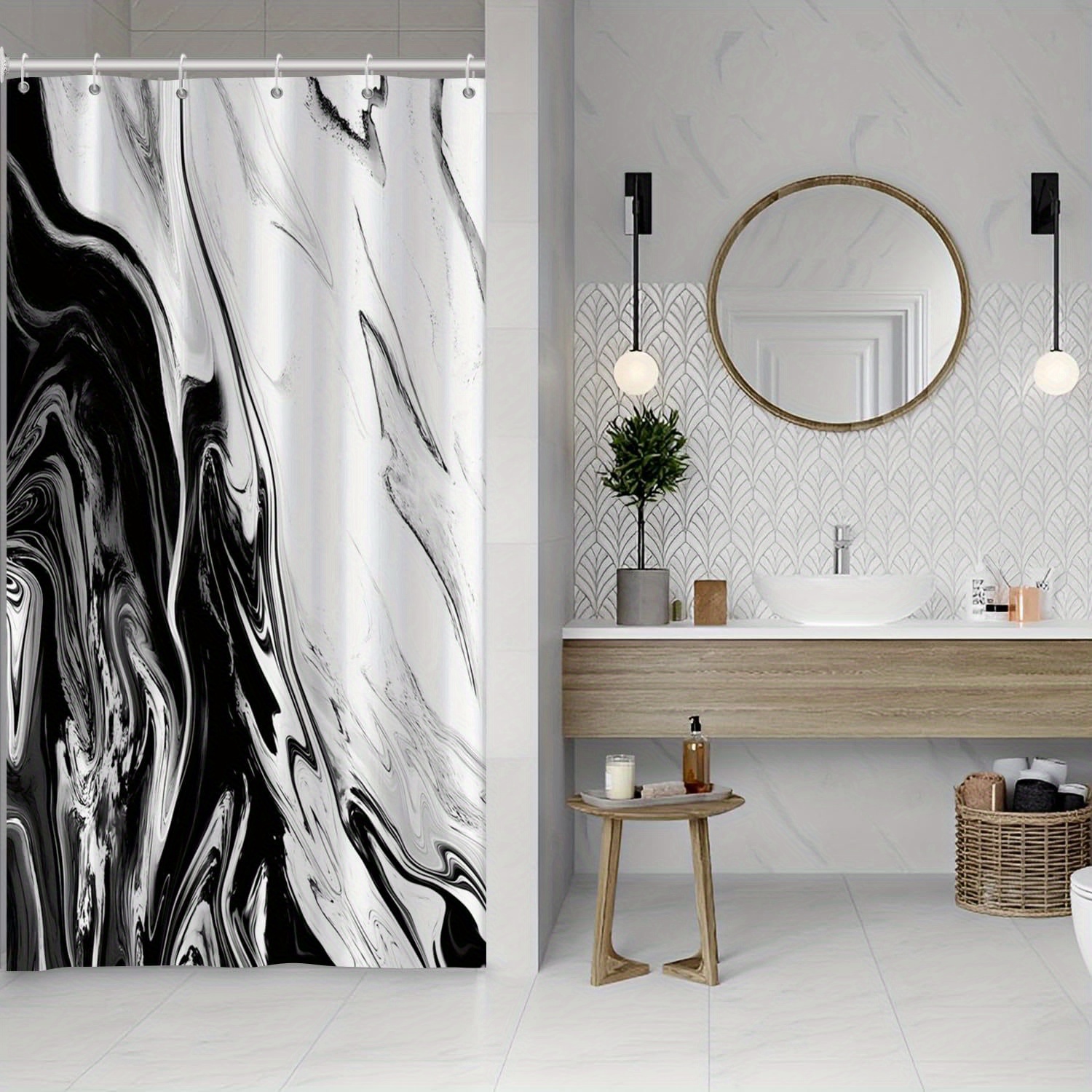 

Modern Abstract Black Shower Curtain - Waterproof Polyester, With Hooks Included, Machine Washable Bathroom Decor