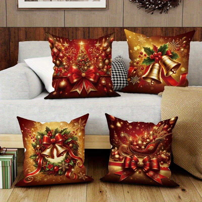 

4pcs Christmas Velvet Throw Pillow Covers Set - Red With & Bell Garland, Soft Polyester, Zip Closure, Machine Washable, Fits 18x18 Inches - Living Room, Bedroom, Sofa Decor (inserts Not Included)